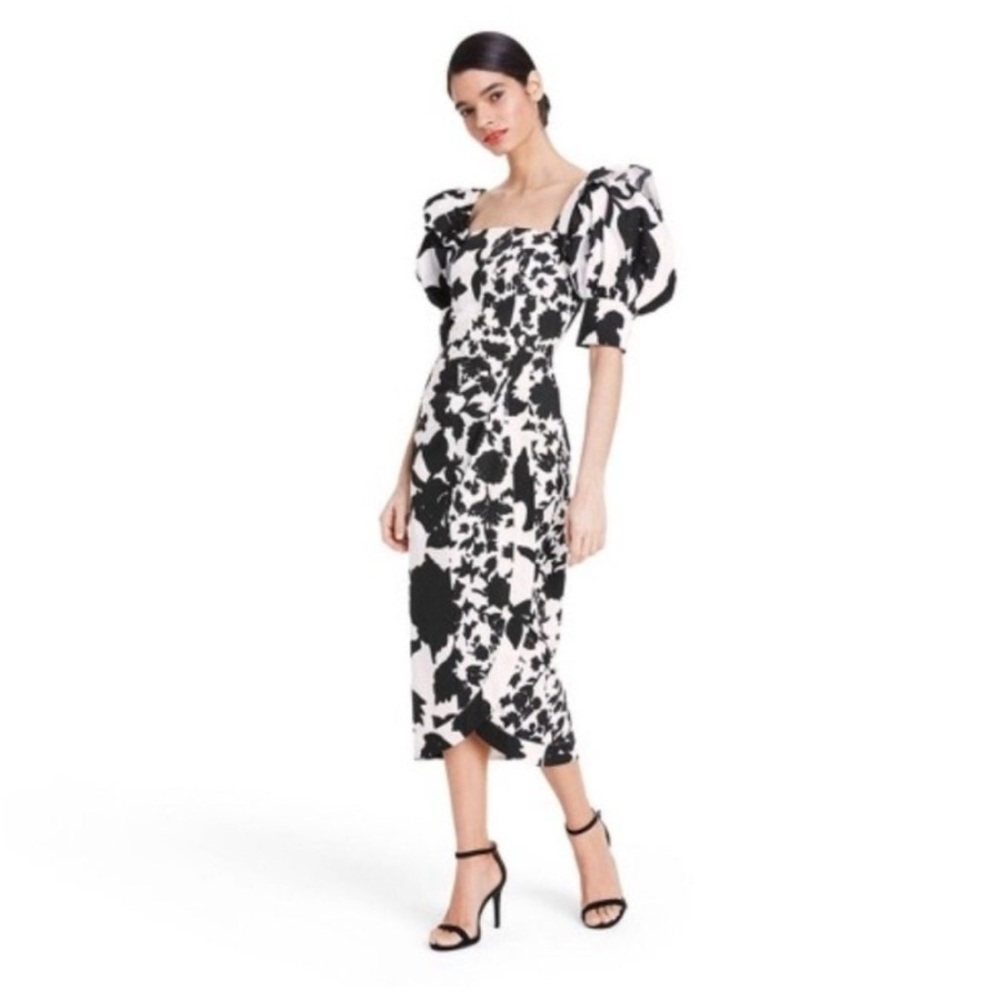 Christopher John Rogers Black and White Puff Sleeve Midi Dress